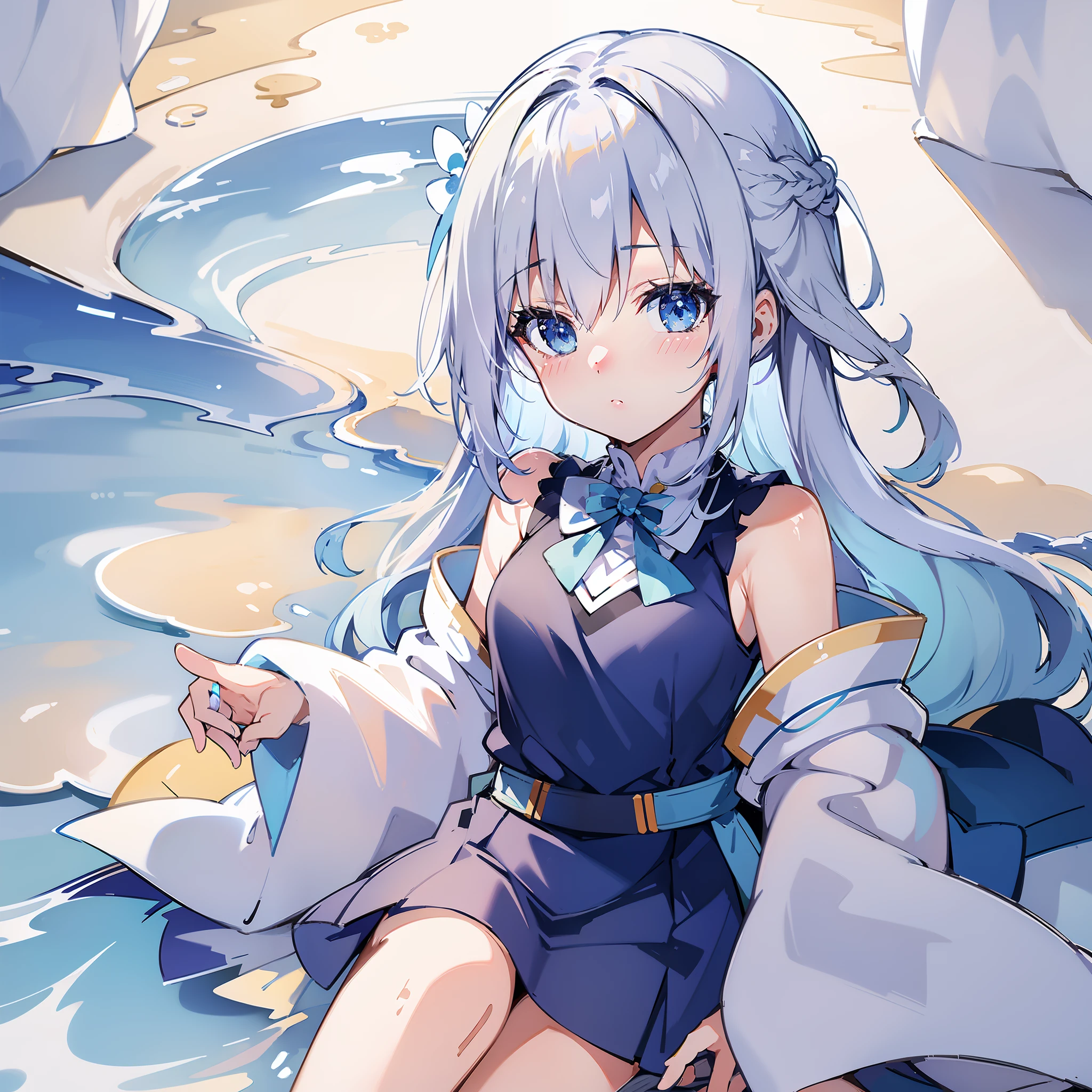 Against the background of the element of water，Light blue double ponytail hair，Yellow bells hang from his hair，Blue and white clothes with milk，Cute cute girl