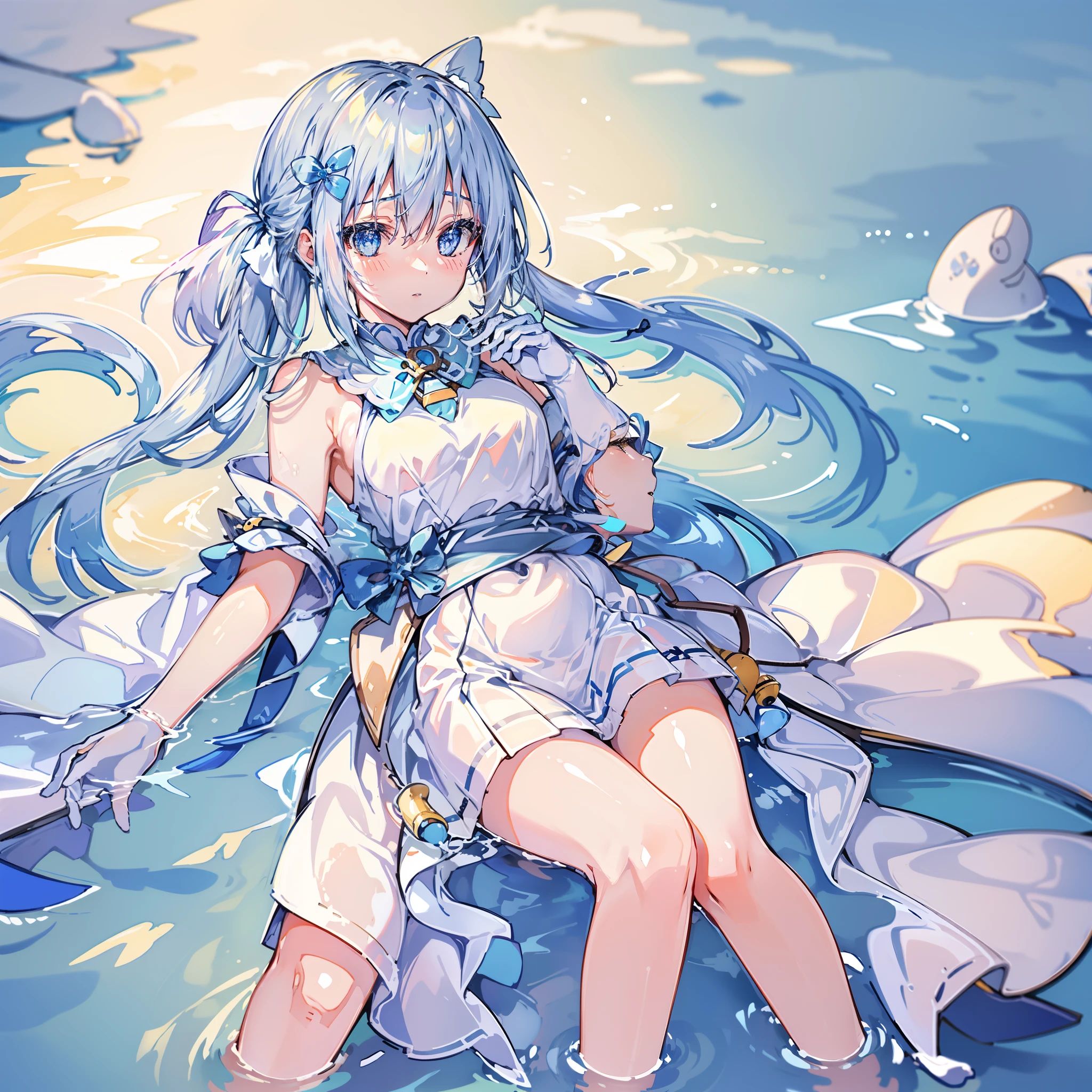 Against the background of the element of water，Light blue double ponytail hair，Yellow bells hang from his hair，Blue and white clothes with milk，Cute cute girl