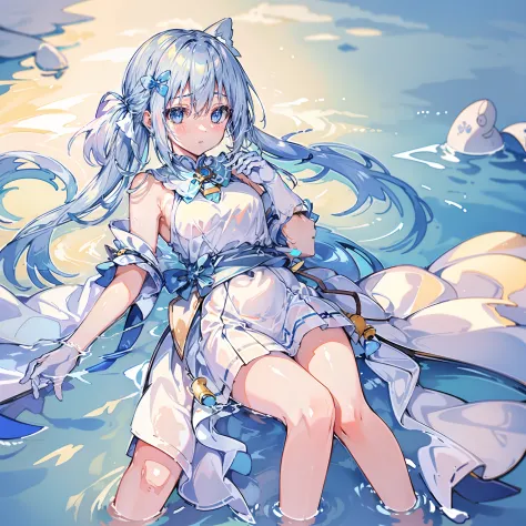 against the background of the element of water，light blue double ponytail hair，yellow bells hang from his hair，blue and white cl...