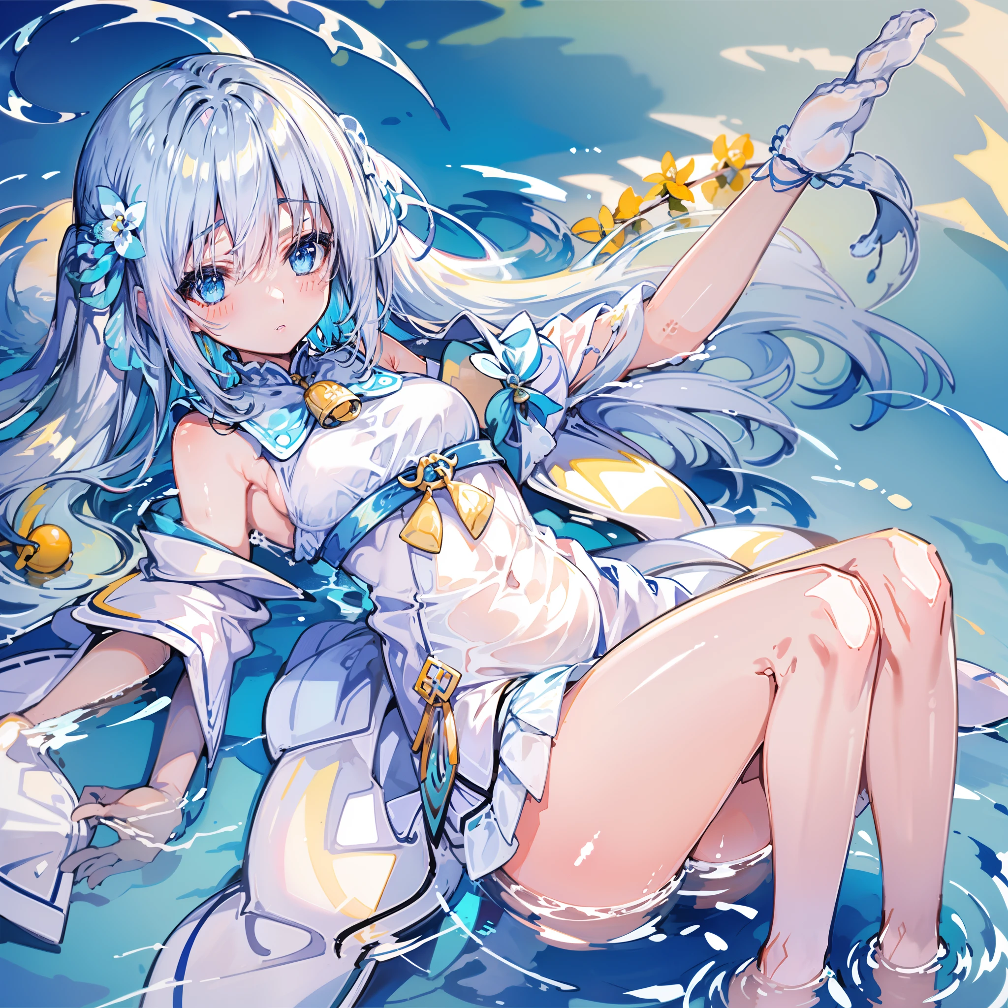 Against the background of the element of water，Light blue double ponytail hair，Yellow bells hang from his hair，Blue and white clothes with milk，Cute cute girl