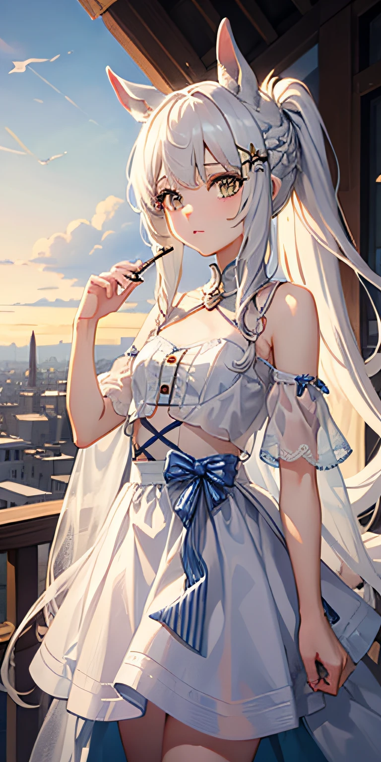 Masterpiece, Best quality, High quality, 1girll，Solo, Male focus, view the viewer, White horse ears，Long white single ponytail hair，White color hair，Long hair and waist，Flat bangs，Lunette de soleil