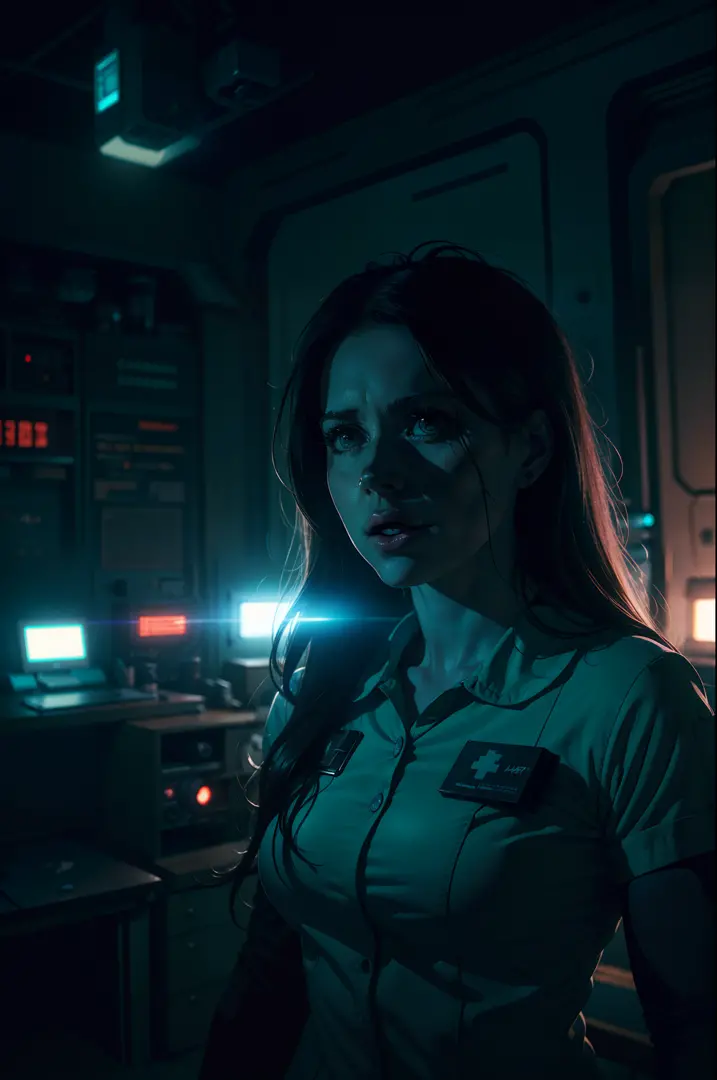 amy adams as a nurse on ishimura horror space ship in sci fi lab photography, natural light, photorealism, cinematic rendering, ...