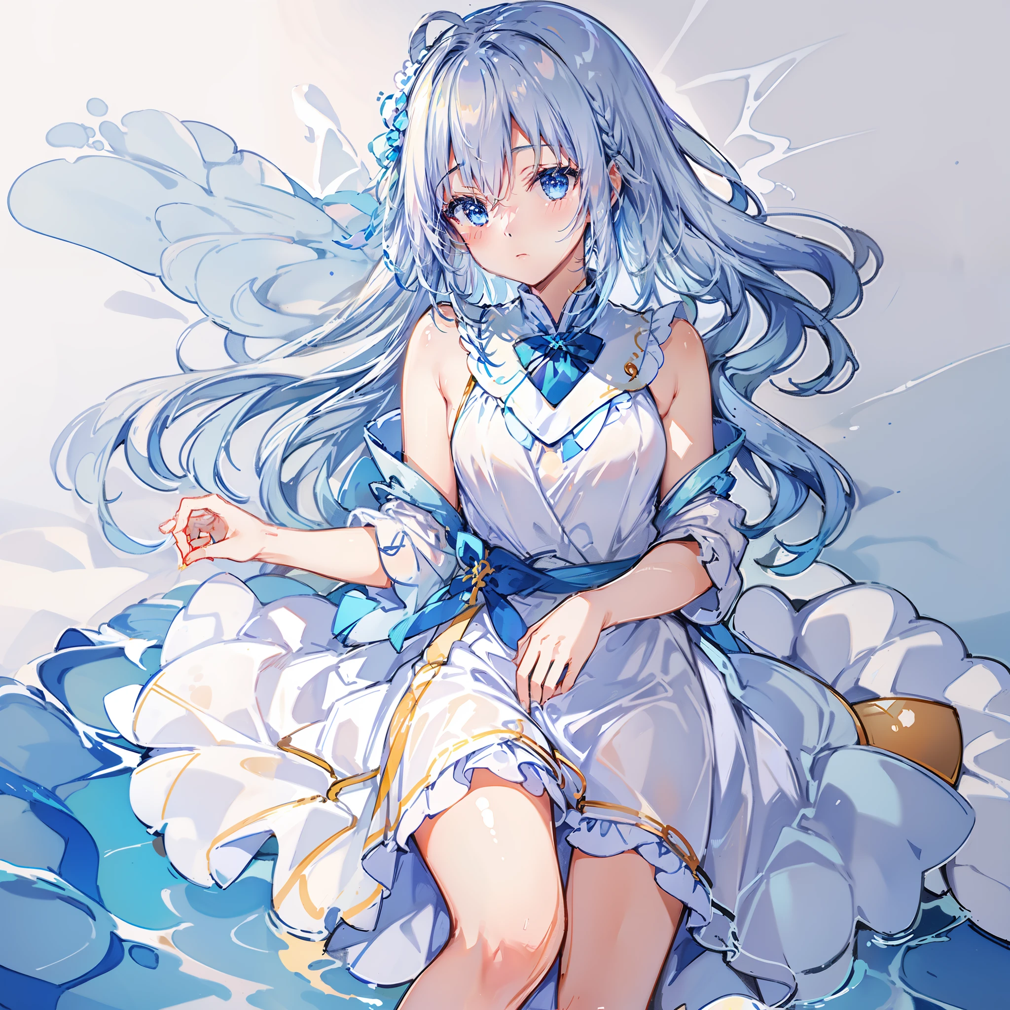 Against the background of the element of water，Light blue double ponytail hair，Yellow bells hang from his hair，Blue and white clothes with milk，Cute cute girl