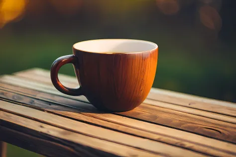 photo, indoor, soft, vivid, zeiss_style,coffee on table, wood cup of coffee,evening outdoors, masterpiece, best quality, super d...