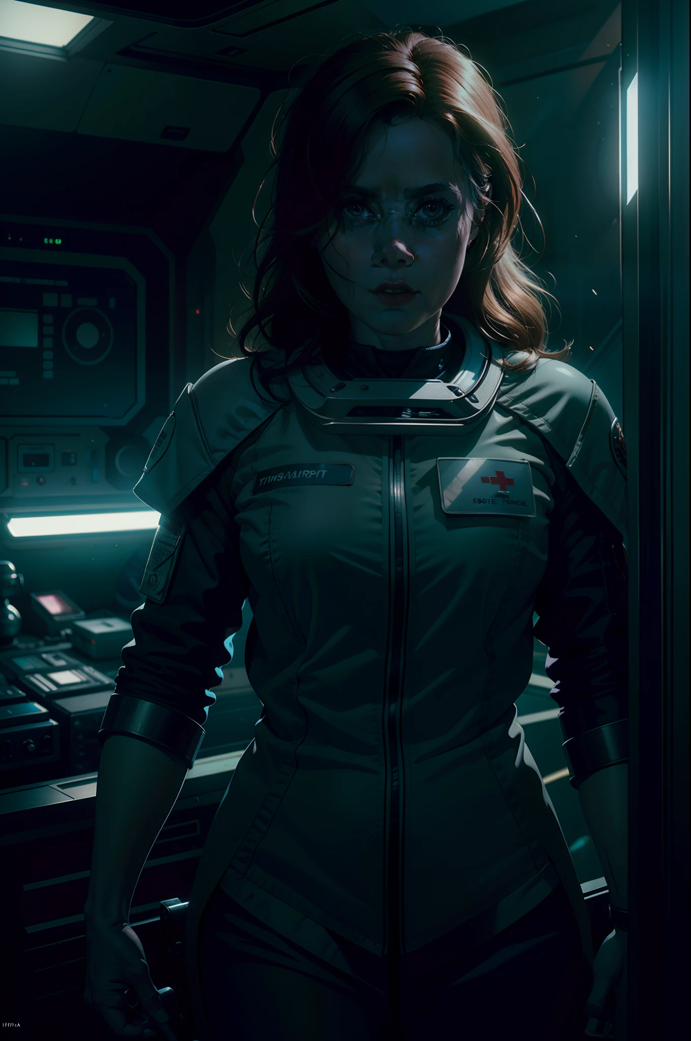 Amy Adams as a Medic on Ishimura Horror Space Ship in sci fi lab photography, natural light, photorealism, cinematic rendering, ray tracing, the highest quality, the highest detail, Cinematic, Third-Person View, Blur Effect, Long Exposure, 8K, Ultra-HD, Natural Lighting, Moody Lighting, Cinematic Lighting