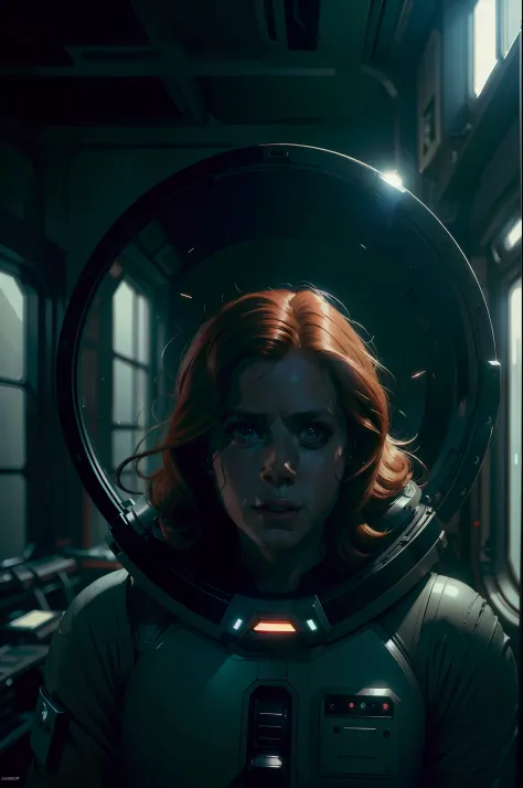 amy adams as a medic on ishimura horror space ship in sci fi lab photography, natural light, photorealism, cinematic rendering, ...