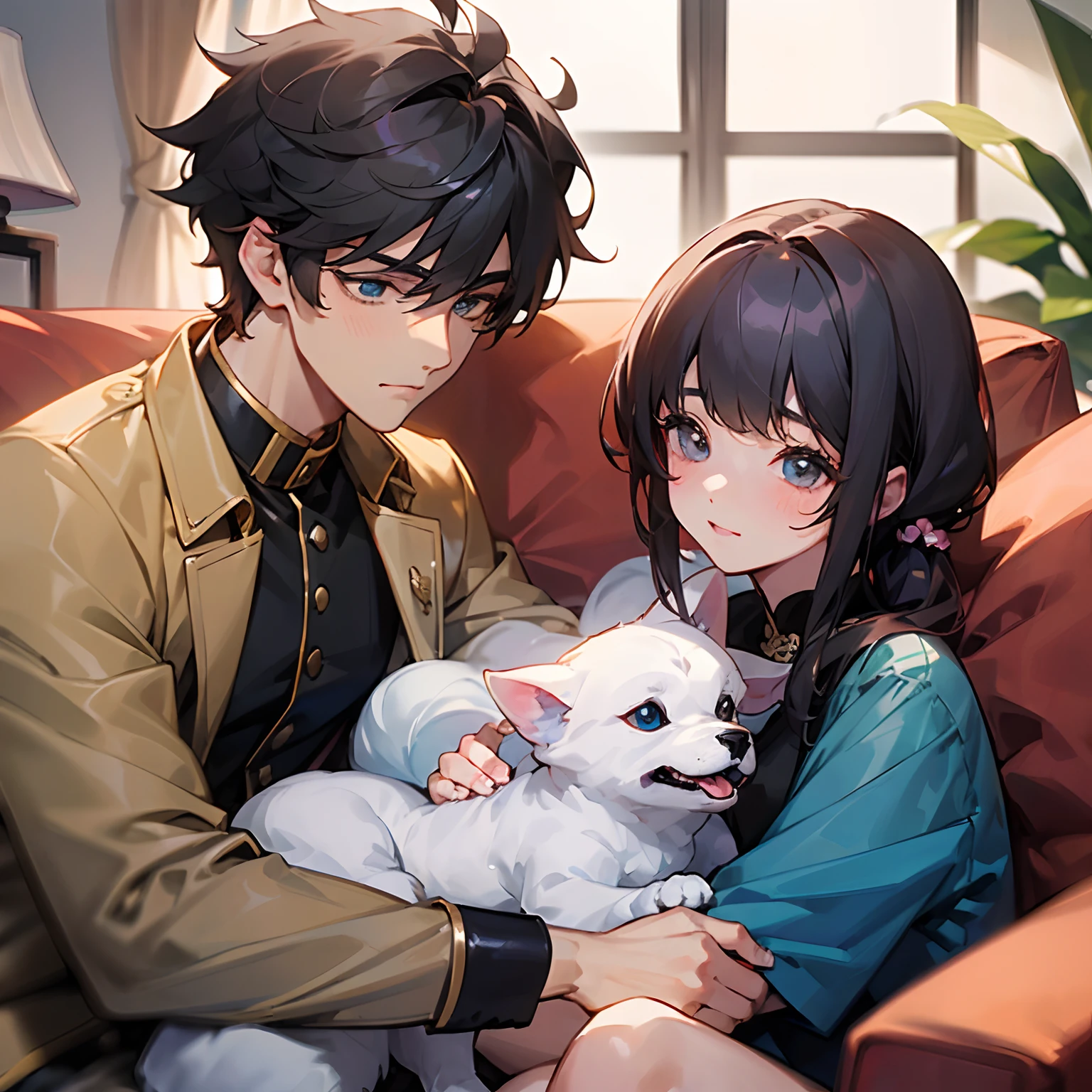 ({Handsome boy+beautiful a girl}:1.5)、{Girl sitting on sofa at home watching TV snuggles in boy's arms、Boy is holding a girl}:1.3、{A small dog Bichon was lying on the floor}:0.8