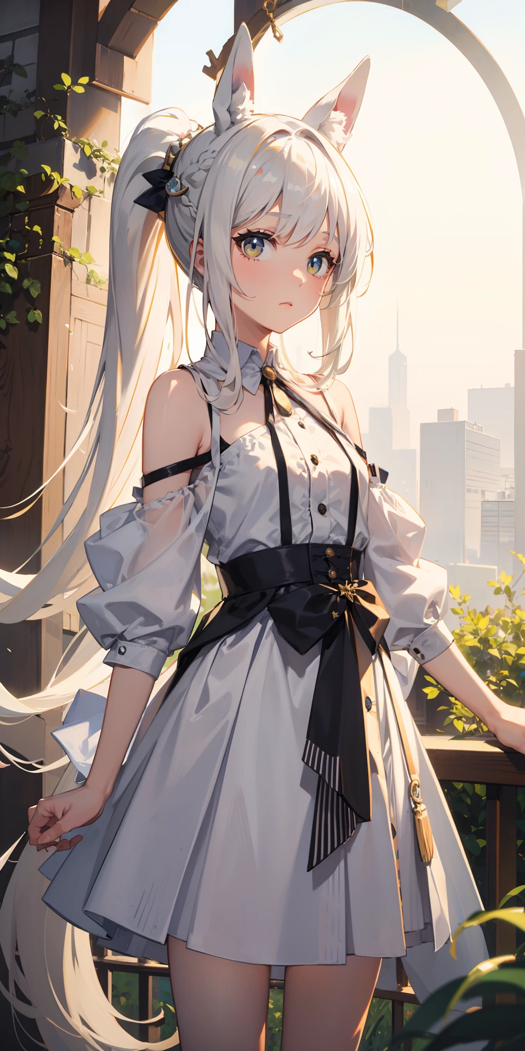 Masterpiece, Best quality, High quality, 1girll，Solo, Male focus, view the viewer, White horse ears，Long white single ponytail hair，White color hair，Long hair and waist，Flat bangs，Lunette de soleil