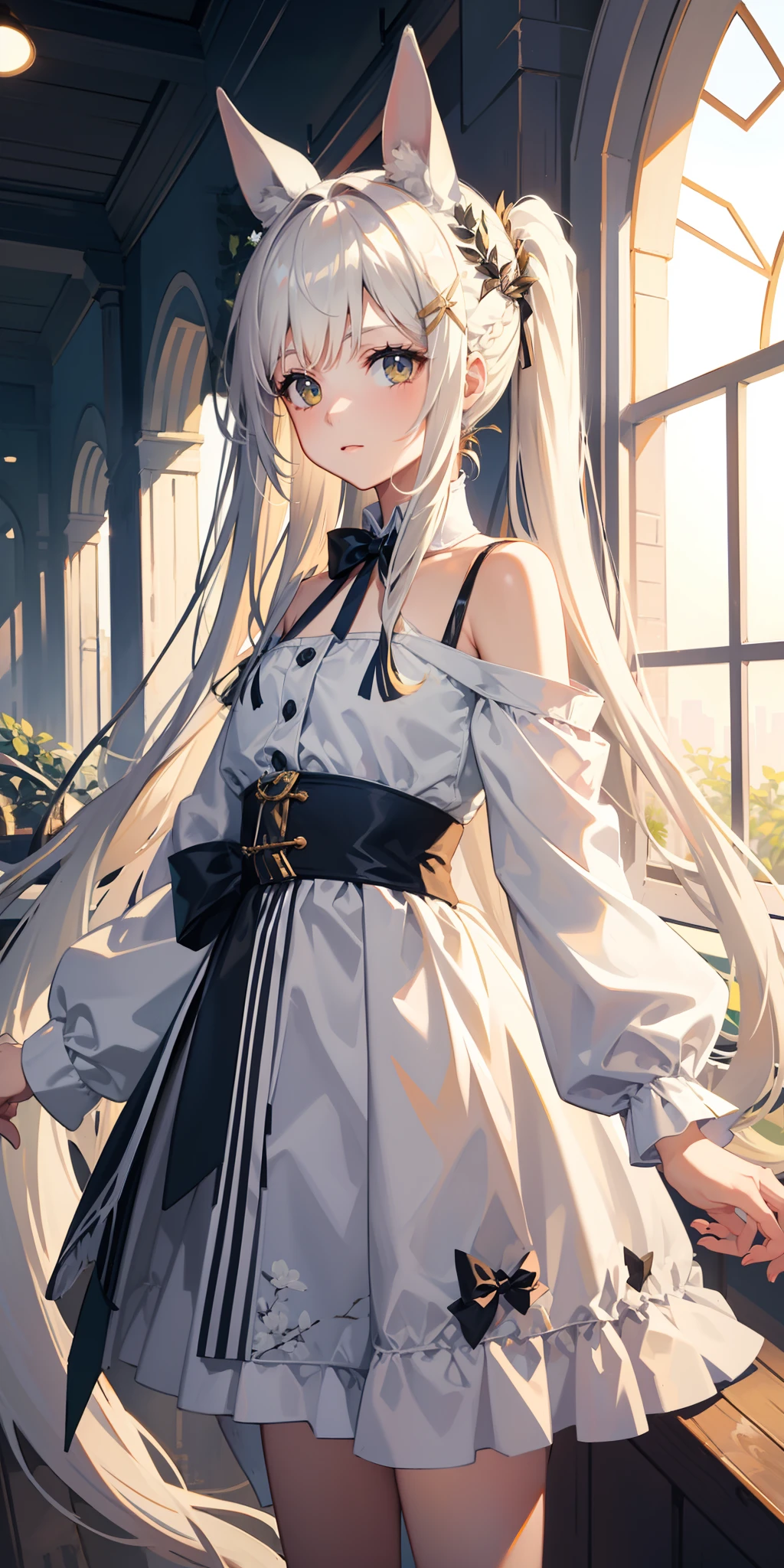 Masterpiece, Best quality, High quality, 1girll，Solo, Male focus, view the viewer, White horse ears，Long white single ponytail hair，White color hair，Long hair and waist，Flat bangs，Lunette de soleil