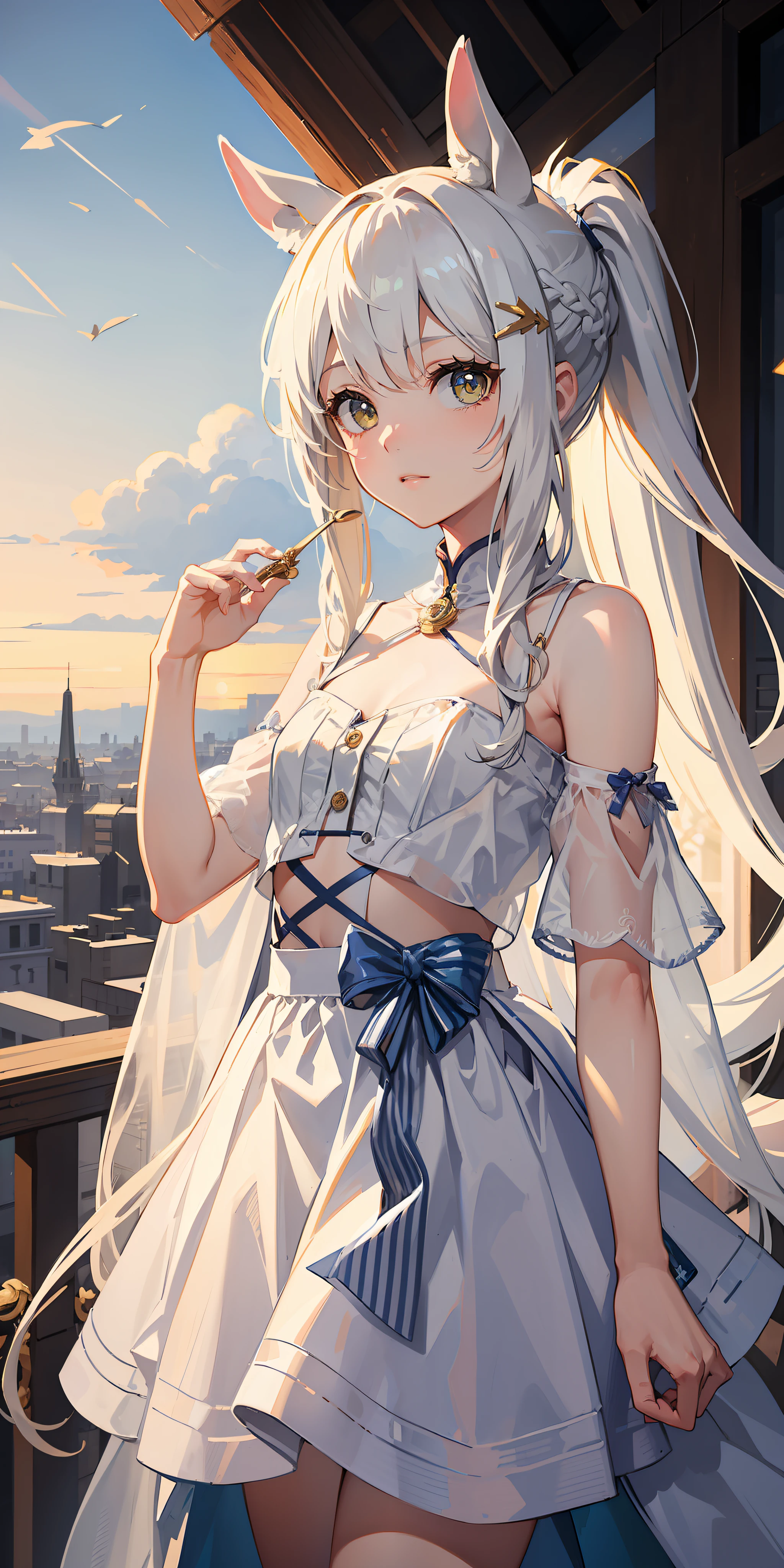 Masterpiece, Best quality, High quality, 1girll，Solo, Male focus, view the viewer, White horse ears，Long white single ponytail hair，White color hair，Long hair and waist，Flat bangs，Lunette de soleil