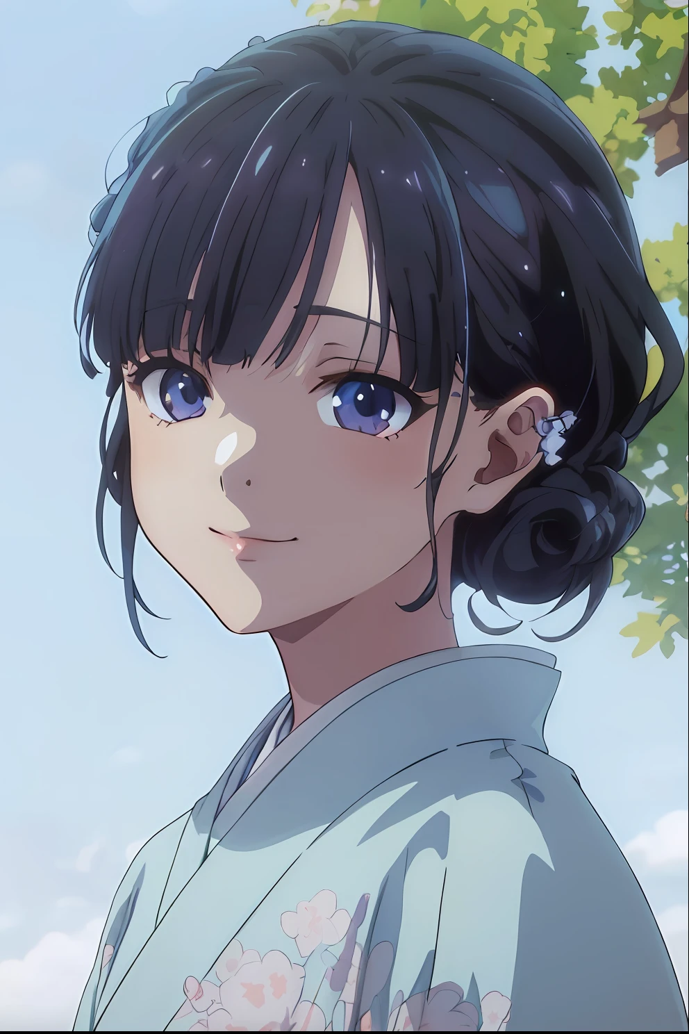 Close up portrait of a person in kimono on the background of a tree, Anime visuals of cute girls, anime visual of a young woman, Ilya Kuvshinov. 4 k, By Shinkai Makoto. high detailing, closeup Iwakura Lain, anime moe art style, By Shinkai Makoto. - H 2160