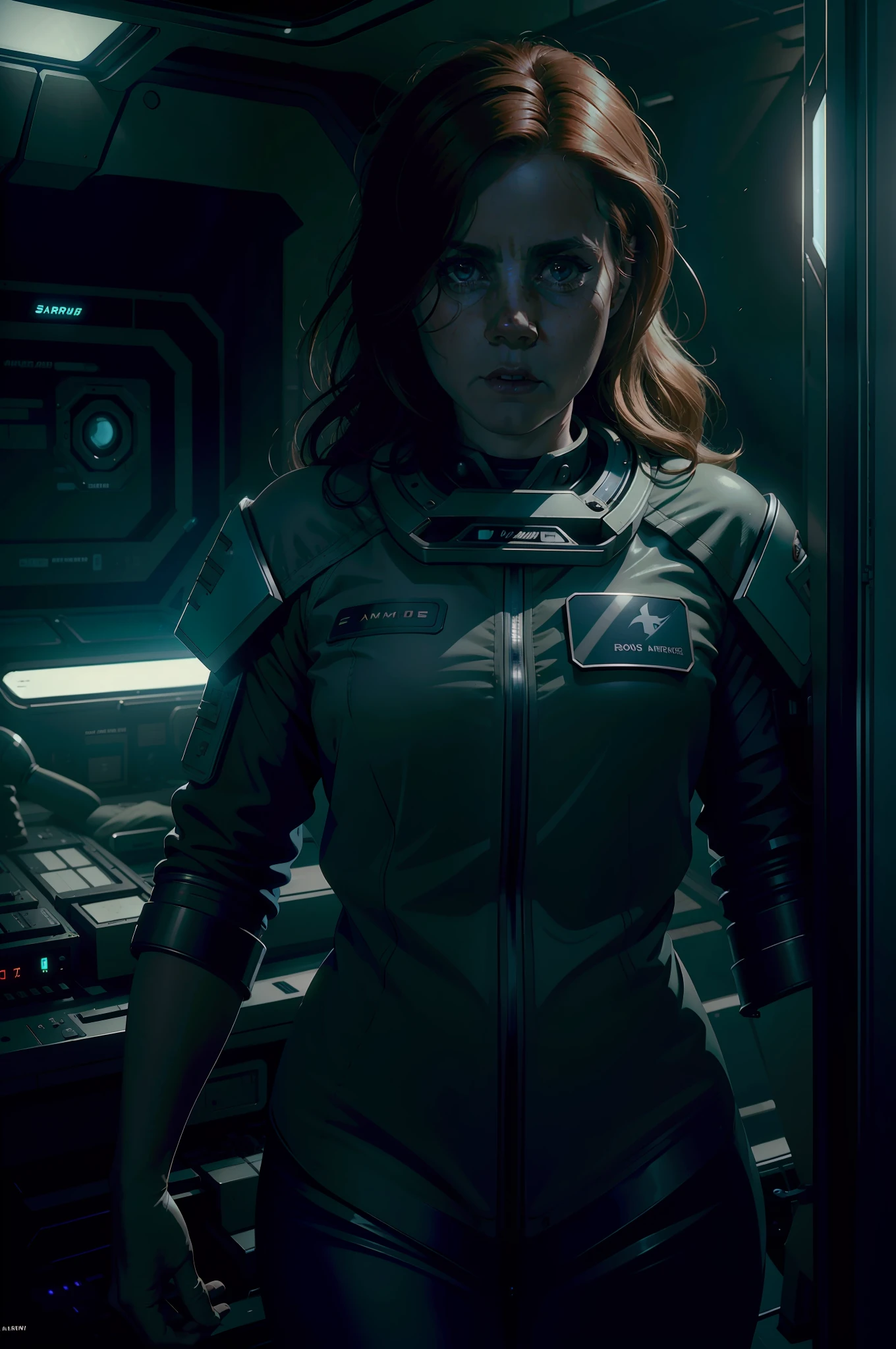 Amy Adams as a Medic on Ishimura Horror Space Ship in sci fi lab photography, natural light, photorealism, cinematic rendering, ray tracing, the highest quality, the highest detail, Cinematic, Third-Person View, Blur Effect, Long Exposure, 8K, Ultra-HD, Natural Lighting, Moody Lighting, Cinematic Lighting