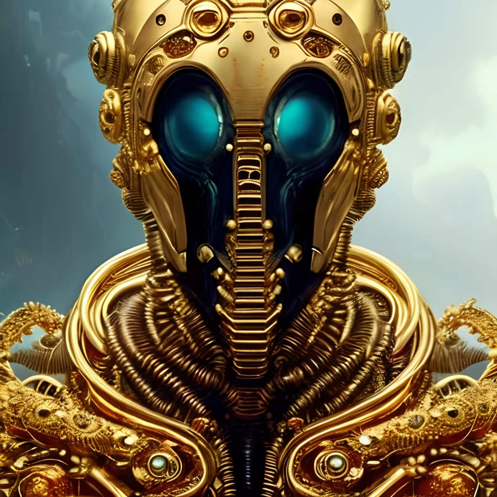 portrait of alien creature that looks like (octopus:human:0.5), cosmonaut helmet, cybernetic helmet, (golden details:1.7), piercing eyes,powerful figure, striking appearance, intricate tattoos, scars, hooded robe, hides their face, only their eyes visible through the shadow, tentacles, (black), (blue dark), (Frightening:1.3) (RFNKTRY), vaporwave, synthwave, cyberpunk, (by Artist Akihiko Yoshida:1.3),(by Artist Ross Tran:1.3),(by Artist Tsutomu Nihei:1.3),masterpiece, 4k, HD, art by nvinkpunk