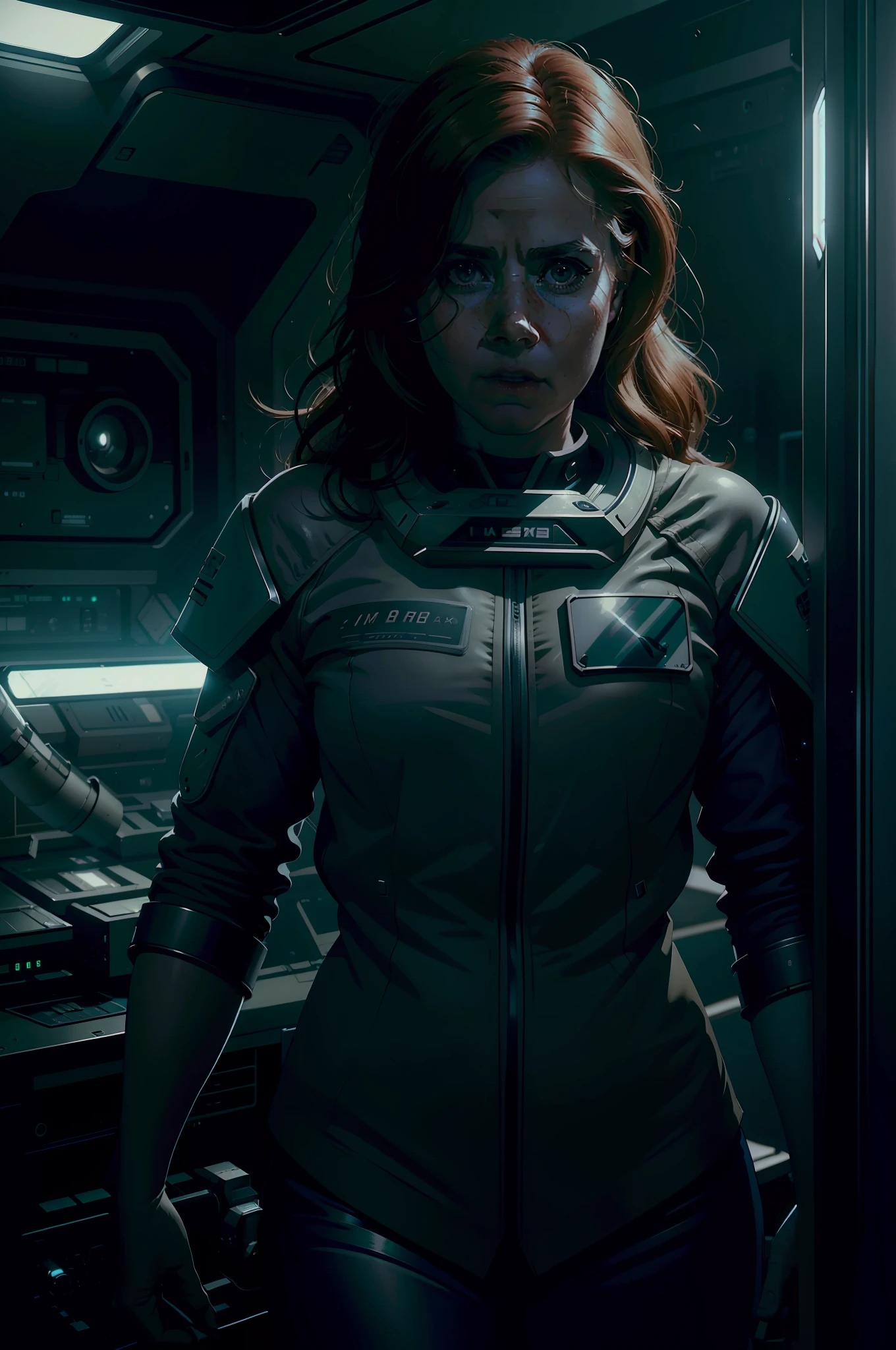 Amy Adams as a Medic on Ishimura Horror Space Ship in sci fi lab photography, natural light, photorealism, cinematic rendering, ray tracing, the highest quality, the highest detail, Cinematic, Third-Person View, Blur Effect, Long Exposure, 8K, Ultra-HD, Natural Lighting, Moody Lighting, Cinematic Lighting