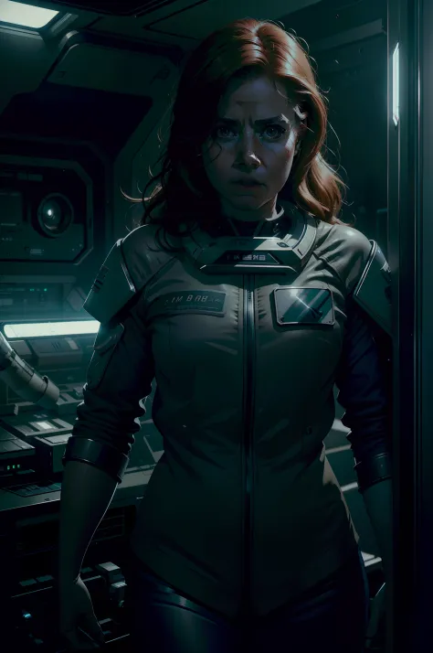 amy adams as a medic on ishimura horror space ship in sci fi lab photography, natural light, photorealism, cinematic rendering, ...