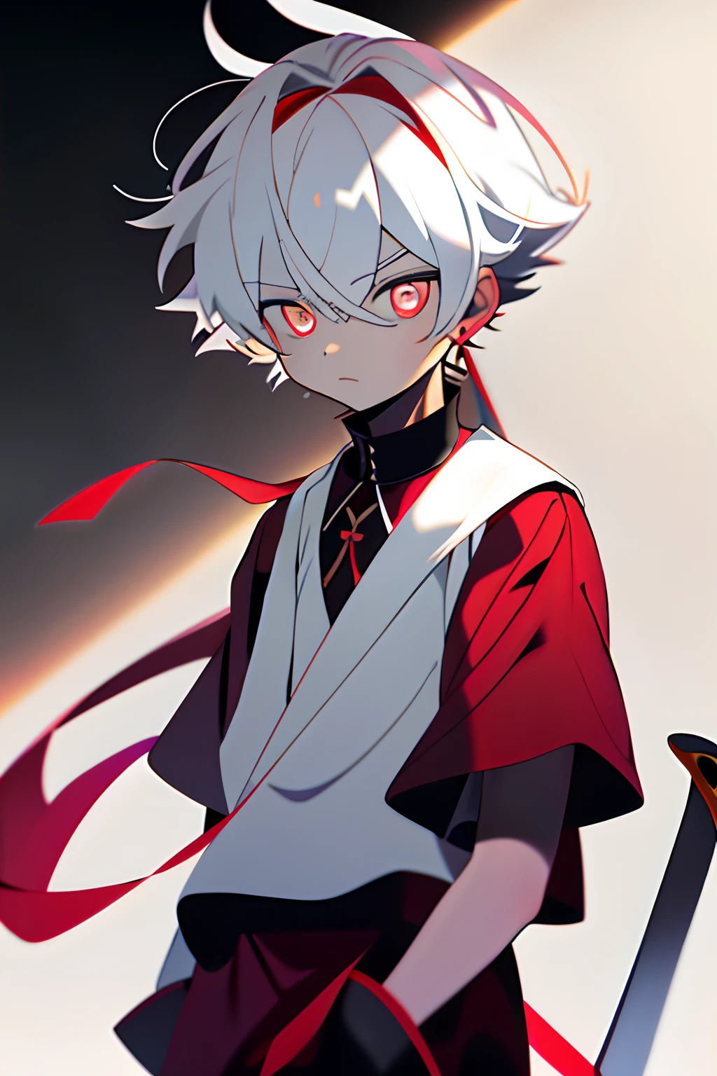 tmasterpiece，A high resolution，best qualtiy，1 boy solo，Off-white hair，red pupils，serious-expression，White shirt，holding a longsword，The right eye is hidden by hair