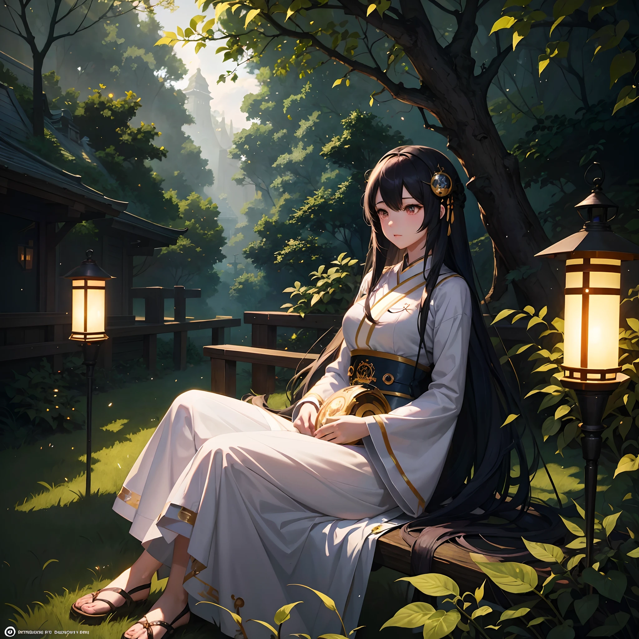 anime girl with long hair sitting in a forest with a lantern, artwork in the style of guweiz, cute detailed digital art, digital anime illustration, fantasy art style, fanart best artstation, anime fantasy illustration, guweiz on artstation pixiv, guweiz on pixiv artstation, detailed digital anime art, loish and wlop