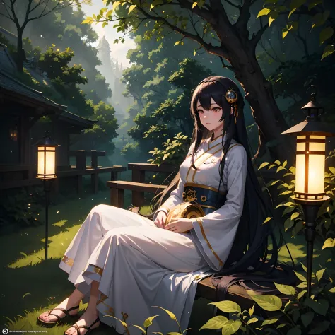 anime girl with long hair sitting in a forest with a lantern, artwork in the style of guweiz, cute detailed digital art, digital...