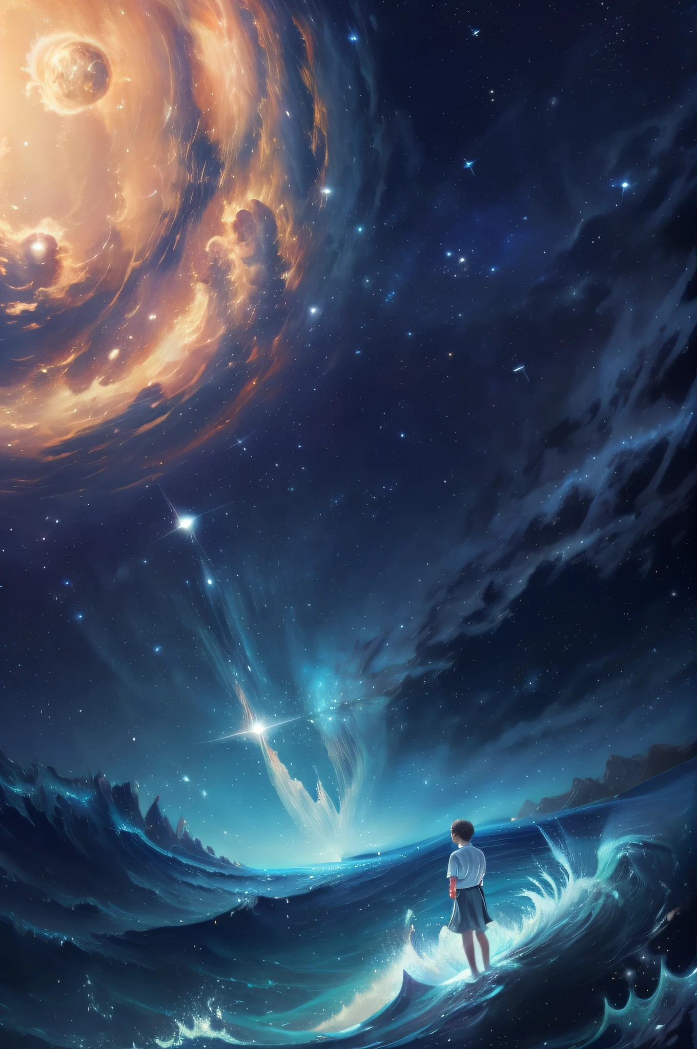 tmasterpiece，Highest detail，perfect compositions，Photorealsitic，（Background with：Dazzling stars，starrysky，the night，the sea）（foreground：A boy stands in the sea，Look up at Star 1.2）Advertising poster work。super high-quality model, Ethereal background, Abstract beauty,，