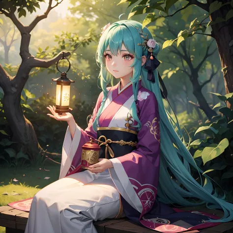 girl with long hair sitting in the forest with a lantern, bright and colorful hanfu，gorgeous hanfu，guviz-style artwork, cute det...