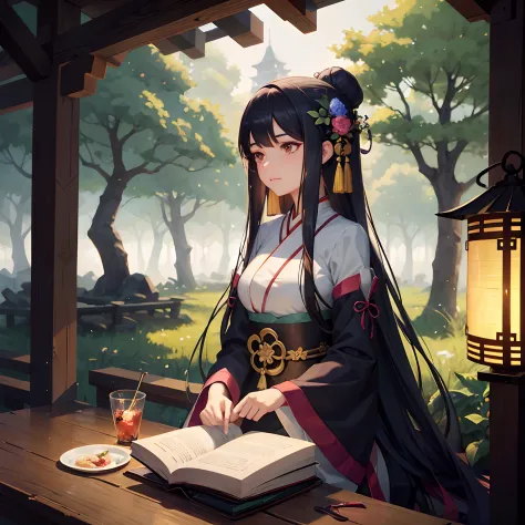 long-haired girl sitting in forest with a lantern, the night，bright and colorful hanfu，gorgeous hanfu，guviz-style artwork, cute ...