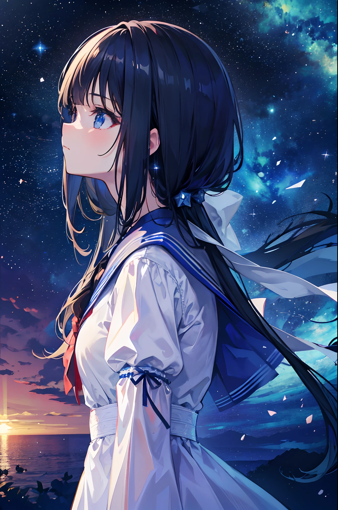 Girl staring at the starry sky，（Side view：1.4），sharp focus on eyes，Perfectcomposition，，8K，super-fine，tmasterpiece，Accurate，Detailed pubic hair，