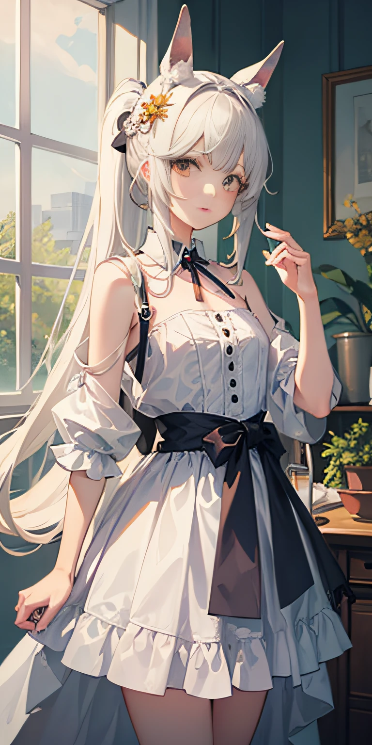 Masterpiece, Best quality, High quality, 1girll，Solo, Male focus, view the viewer, White horse ears，Long white single ponytail hair，White color hair，Long hair and waist，Flat bangs，Lunette de soleil