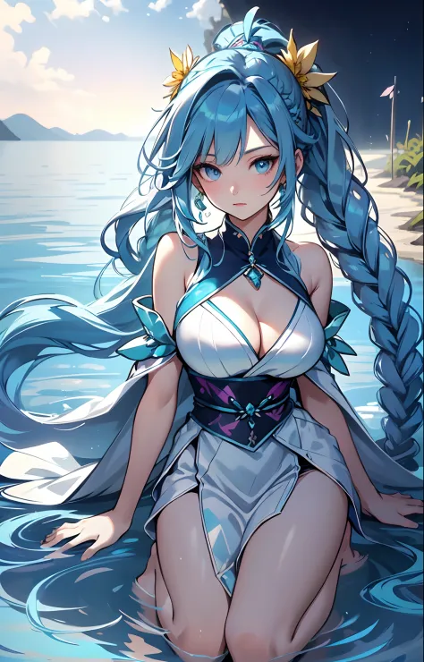 best qualityer，tmasterpiece，Ultimate resolution，downy，Extremely colorful，Colorful，water background，（Lake surface）,Dancer，White kimono long dress，huge tit，hair-bun，Fine braids，（Long aqua blue hair），Blue lip gloss，a matural female，（The barefoot），Kneeling pos...