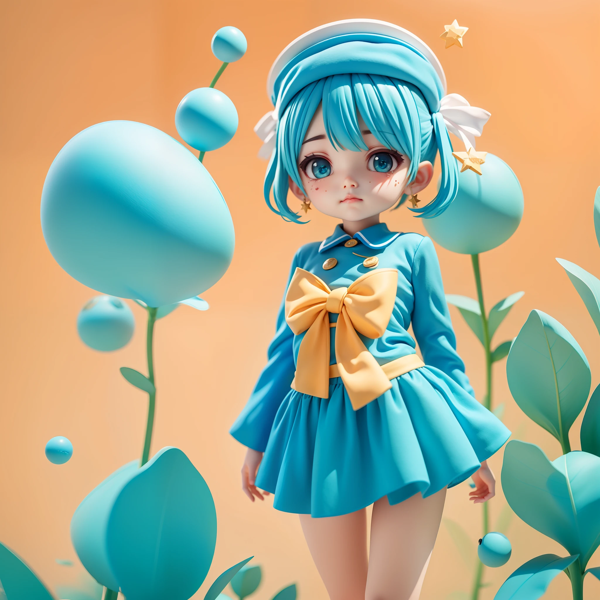 blue short hair，Wear a bow on the right side of your hair，Wear a beret on the head，Short height，Cute looking，There is a star-shaped tear mole at the corner of the eye，Teal skirt