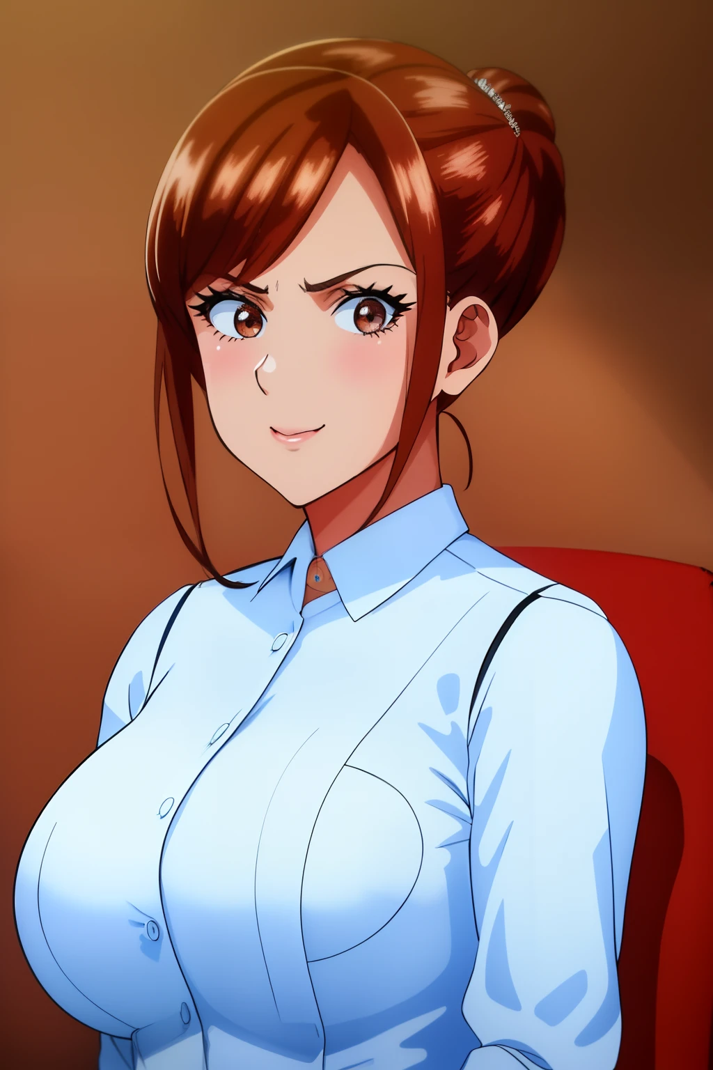 Masterpiece, Best Quality, highest qualityr, Perfect Anatomia, high resolution, ultra detailed, 8k wallpaper, texture, detail, only one, HDR, Extremely detailed CG, Azuma Hisato, 1 girl in, Alone, whole body, standing, Horse tail, brown-hair, fringe , Eyes_brown, 20 year, mature woman, looking at the viewer, SMILE, lascivious face, (beautiful,Large_Breasts:1.4), (beautiful_face:1.5),(narrow_waist), office suit, office uniform,naked,