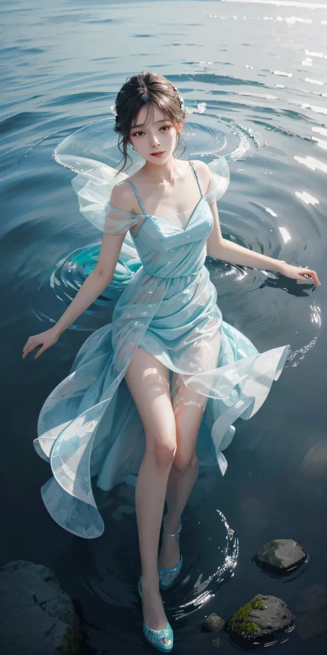 best qualtiy，tmasterpiece，超高分辨率，（真实感：1.4），RAW photogr，cold light，A woman in a transparent dress under the water，Full body photo，...