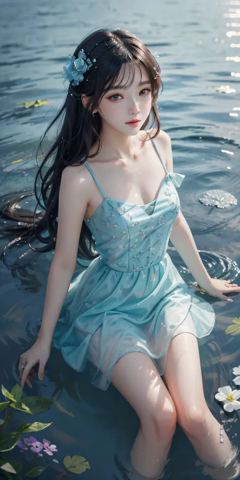best qualtiy，tmasterpiece，超高分辨率，（真实感：1.4），RAW photogr，cold light，A woman in a transparent dress under the water，Full body photo，...