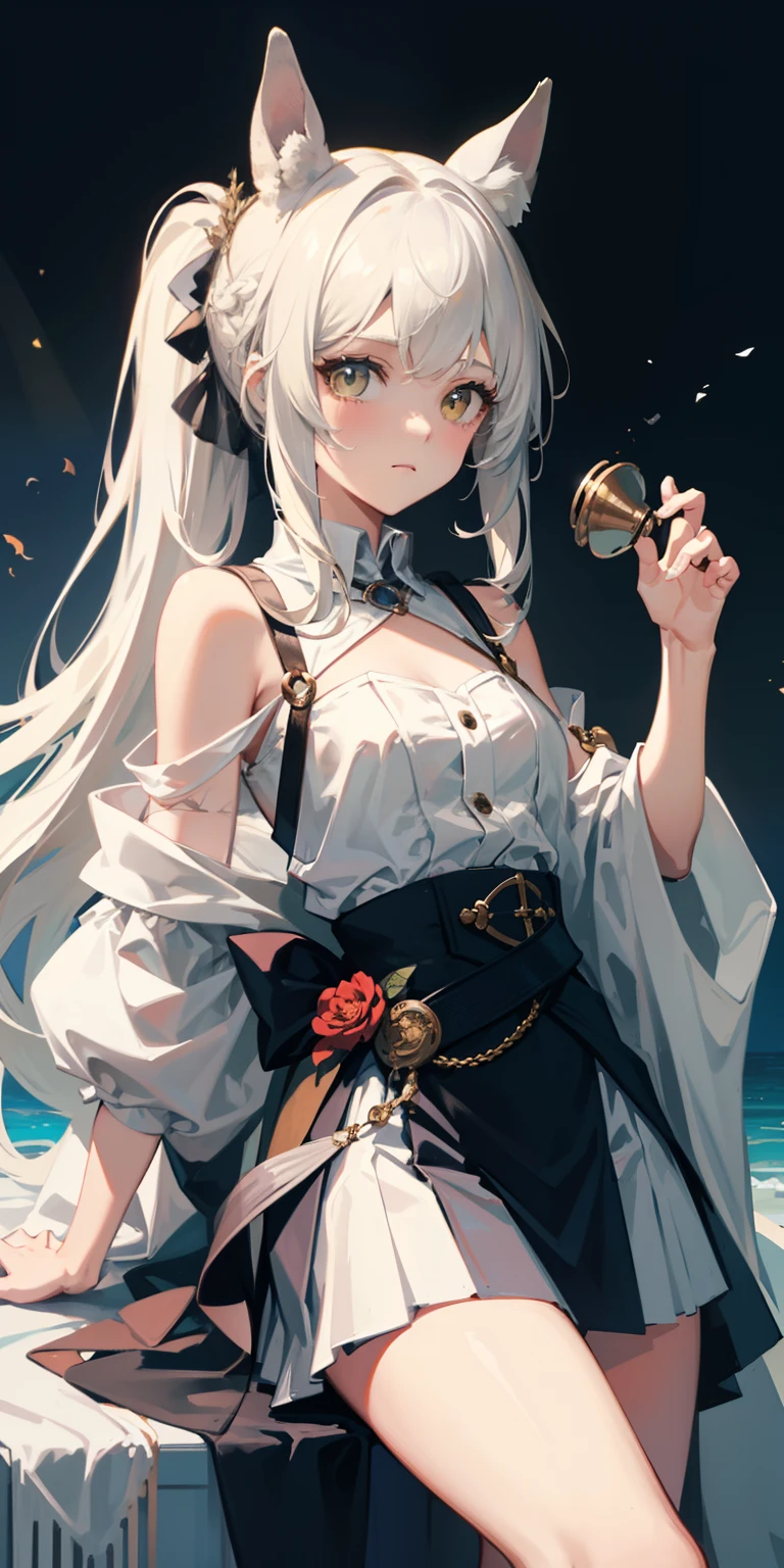 Masterpiece, Best quality, High quality, 1girll，Solo, Male focus, view the viewer, White horse ears，Long white single ponytail hair，White color hair，Long hair and waist，Flat bangs，Lunette de soleil