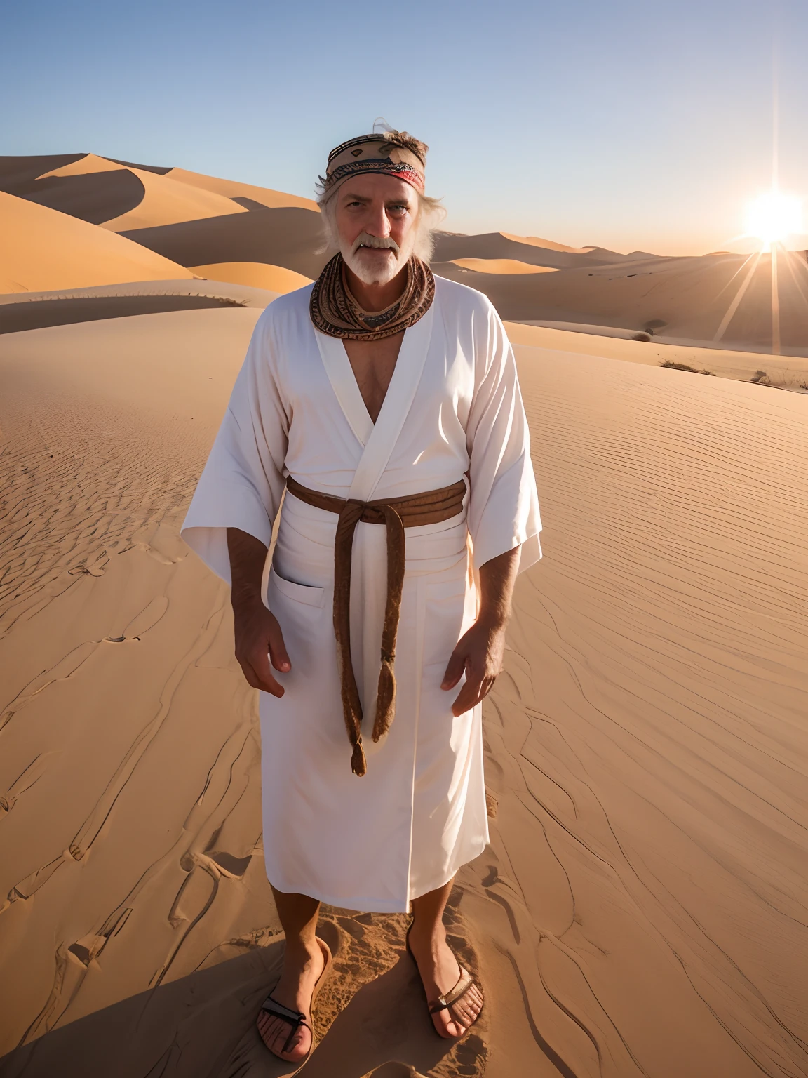 closeup portrait of a man in robes standing on a desert dune, lens flare, sandals, bandana