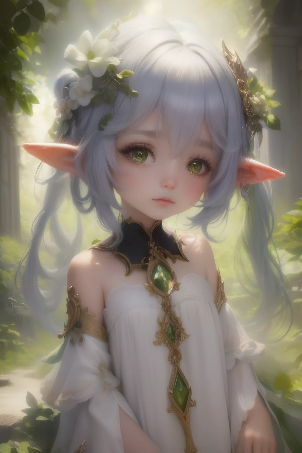 C&#39;est une peinture à couper le souffle présentée sous forme d&#39;art numérique. A pintura retrata uma belle et élégante elfe com cabelos brancos, anime girl aux cheveux blancs et aux yeux verts portant une robe blanche, personnage elfe avec un rire, belle et élégante elfe, très beau portrait de fée, elle est pleine de fées. Avec de longues oreilles et une apparence mignonne et charmante, l&#39;elfe a la peau blanche, dégageant un tempérament extraordinaire qui donne aux gens un sentiment surréaliste. L&#39;œuvre présente un réalisme extrême et est aussi captivante qu&#39;une poupée de porcelaine moelleuse..