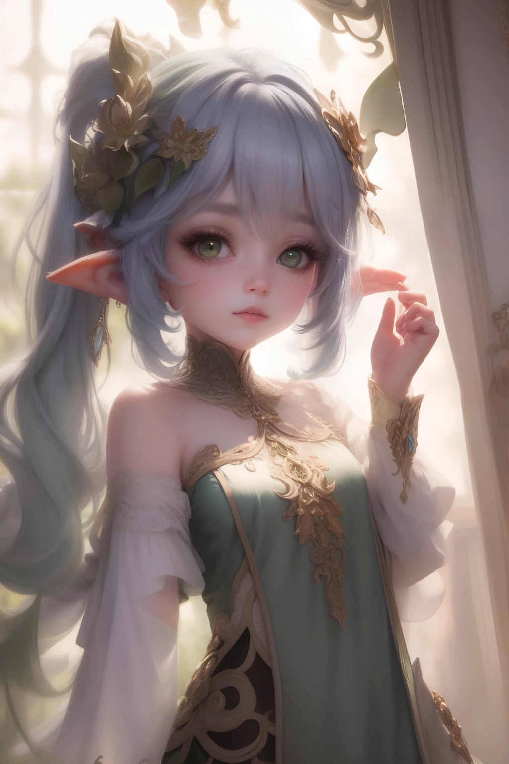 C&#39;est une peinture à couper le souffle présentée sous forme d&#39;art numérique. A pintura retrata uma belle et élégante elfe com cabelos brancos, anime girl aux cheveux blancs et aux yeux verts portant une robe blanche, personnage elfe avec un rire, belle et élégante elfe, très beau portrait de fée, elle est pleine de fées. Avec de longues oreilles et une apparence mignonne et charmante, l&#39;elfe a la peau blanche, dégageant un tempérament extraordinaire qui donne aux gens un sentiment surréaliste. L&#39;œuvre présente un réalisme extrême et est aussi captivante qu&#39;une poupée de porcelaine moelleuse..