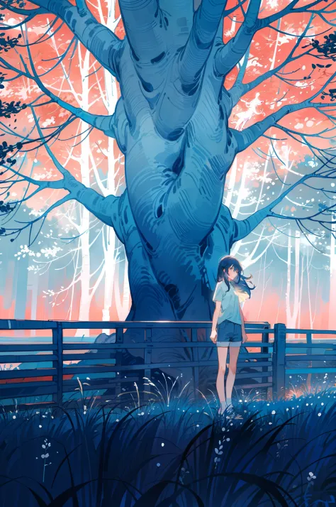 1girl, sky, tree, scenery, long hair, standing, shirt, shorts, tenderness,blue theme