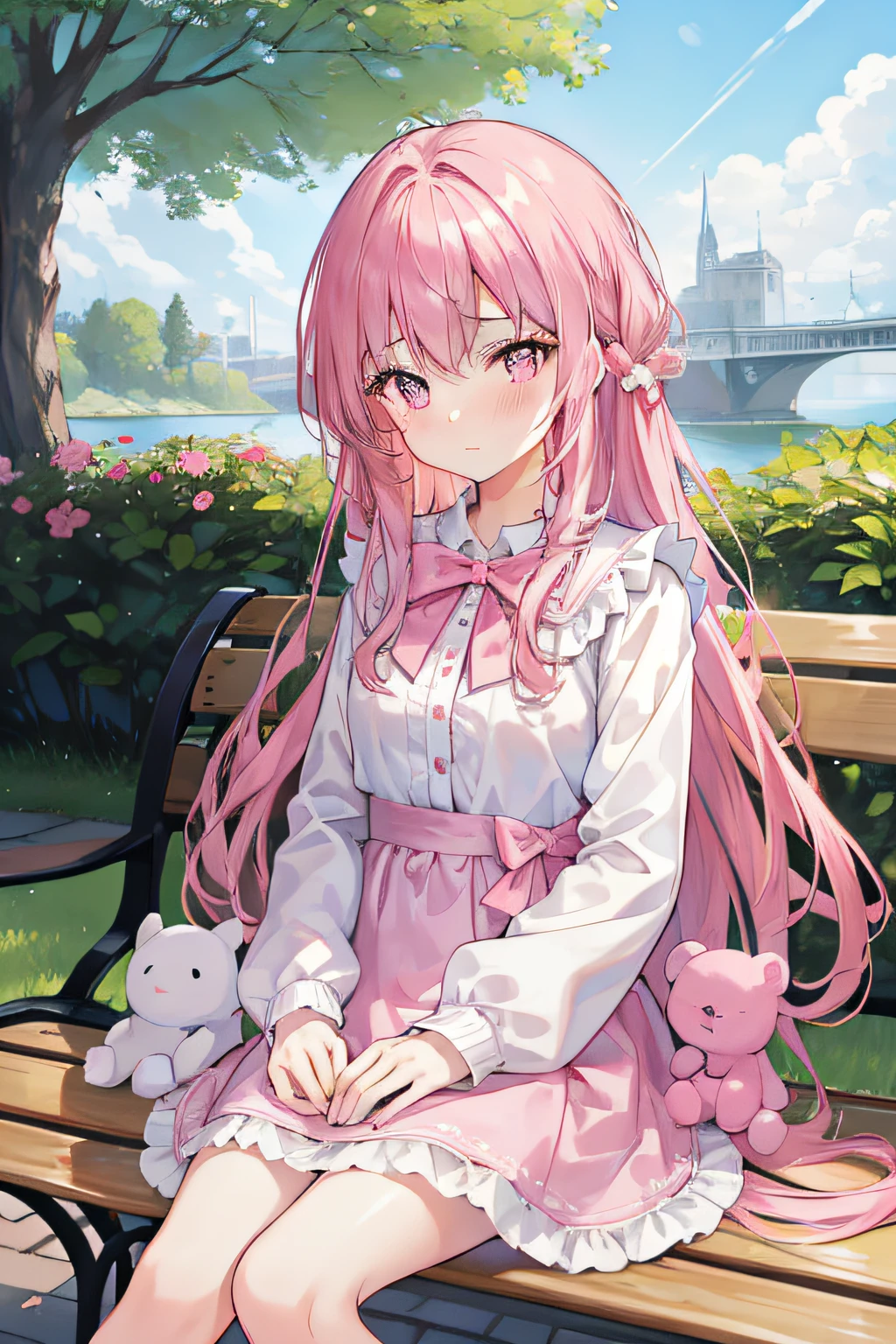 masterpiece, best quality, 1girl, pink hair, long hair, bangs, pink eyes, sad, in tears, looking at viewer, outdoors, blush, frilled sleeves, wiping away tears with one's hand, with a bear stuffed toy, holding a toy, very long hair, tree, contemporary, day, straight hair, light, summer background, summer, light sky, clear sky, a fountain, a park, a bench, sitting on the bench, ((detail face))