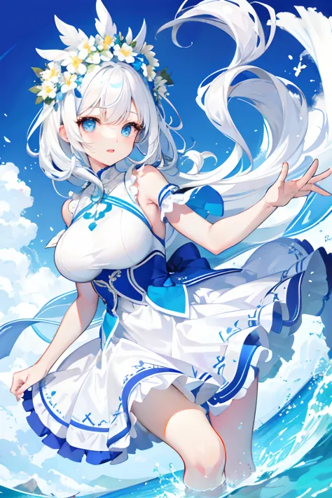 cute big breasts，A teenage girl，White hair，Blue eyes，white dresses，flower  sea，having fun，Wear a garland on your head，The action of running