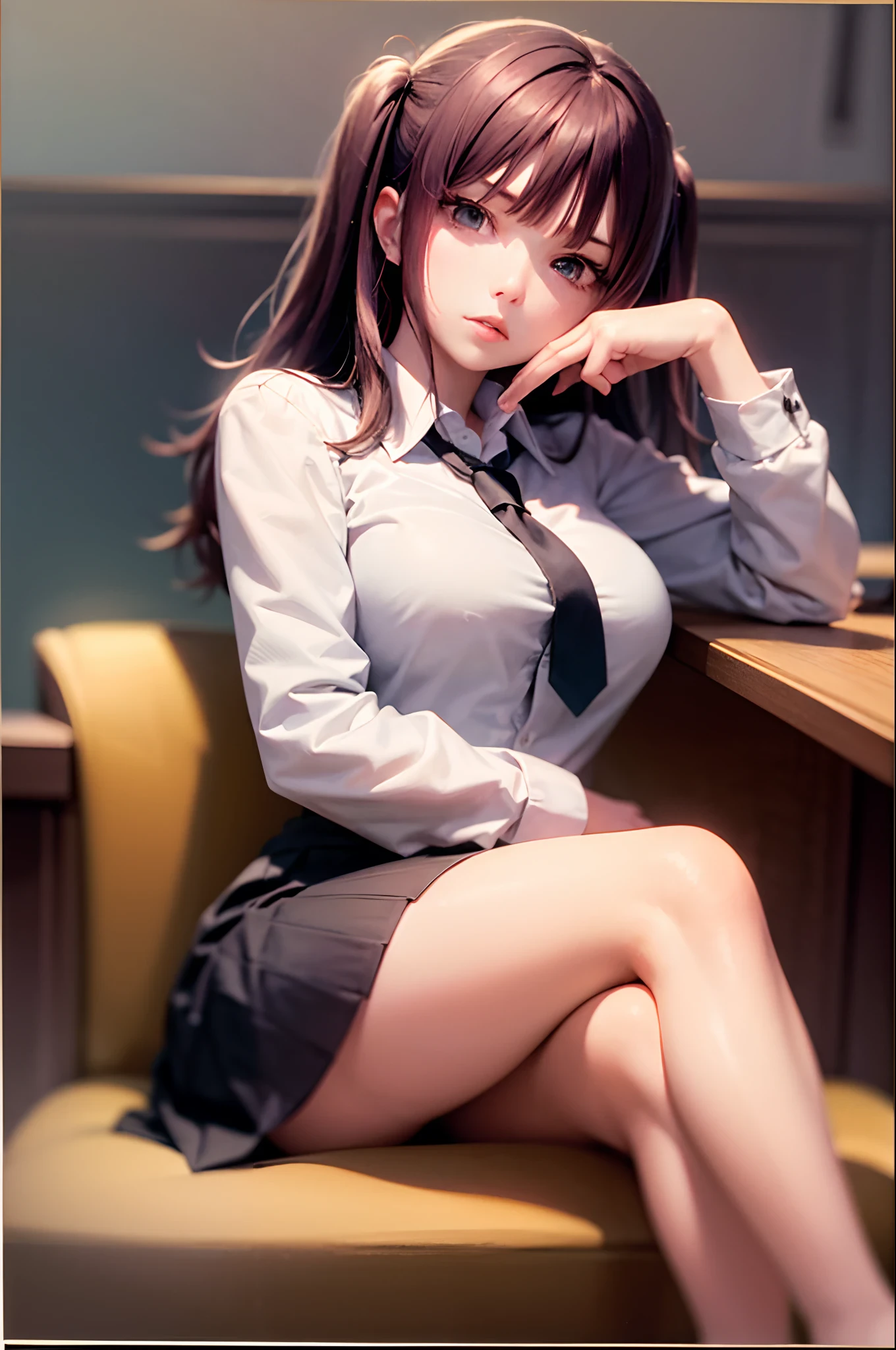 (Prominence in Masterpiece, Best Quality: 1.2), solo, 1 girl, Nino nakano, serious, mouth closed, looking at viewer, hand on face, sitting, legs crossed, collared shirt, tie up, skirt, stockings , big thighs, big breasts)