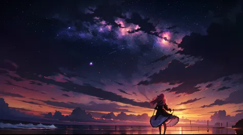 offcial art, Unity 8k wallpaper, Ultra detailed, Beautiful and aesthetic, Masterpiece, Best quality, Tangled, entangle, 1girll，Gaze at the stars，Full body photo，Face away from the camera，A pink-haired，girl walking on the beach，starrysky