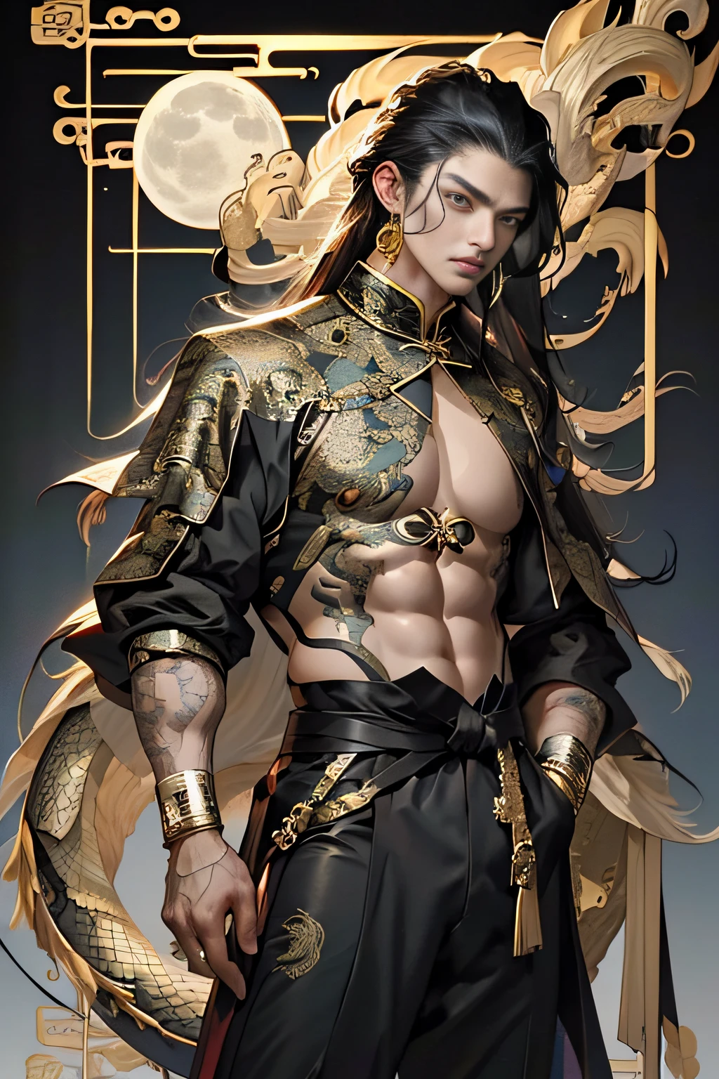 Masterpiece: The best night full moon 1 person mature man Chinese style Chinese ancient black hair, black eyes, split ends, long hair, long bangs, handsome, masculine, serious, gentle, tall, calm, black and gold blend, gold texture, dragon pattern, prince, court