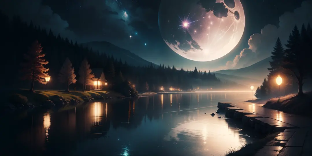 A painting of a river with stars and moon in the sky，The concept art was inspired by Tosa Mitsuoki，Pixiv competition winner，best qualtiy，Fantasyart，beautiful anime scenes，A bright moon，Starry sky environment in moonlight，Dream painting，Anime background art...