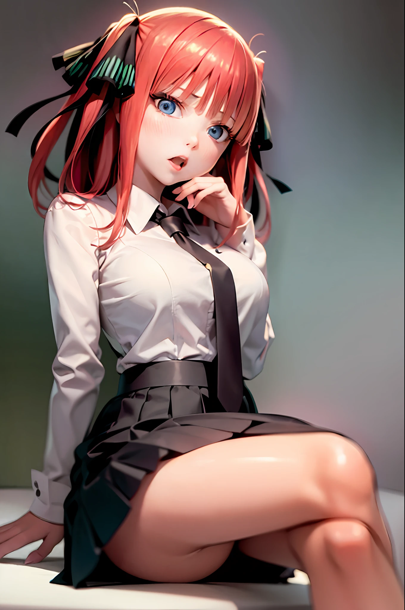 (Prominence in Masterpiece, Best Quality: 1.2), solo, 1 girl, Miku nakano, serious, mouth closed, looking at viewer, hand on face, sitting, legs crossed, collared shirt, tie up, skirt, stockings , big thighs, big breasts)