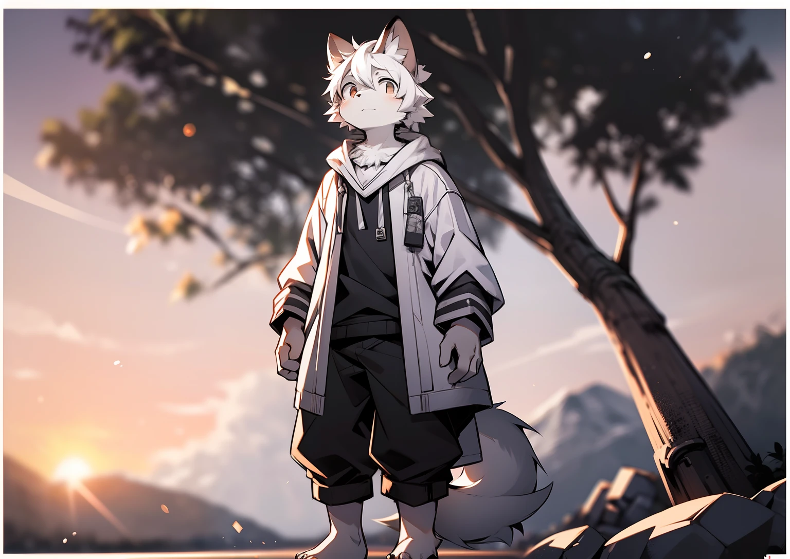 author：Jrjresq, author：Kirito,Libido boy，furry wolf，((Shota)), Black and white hair, Very good figure, Handsome，adolable, Light：Hazy light and shadow, Reflective skin,Reddish skin，((worn-out clothing，Commoner)) ，((beachside，standing on the rock，islands，独奏，solo person))，Outdoor sunset，((the detail))，（depth of fields），standing on your feet