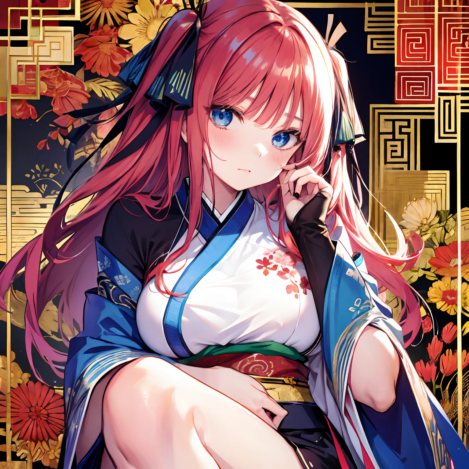 tmasterpiece，best qualityer，A high resolution，Red hair，huge tit，blue color eyes，Hanfu，hair adornments，Jino Nakano，Chinese background sexy