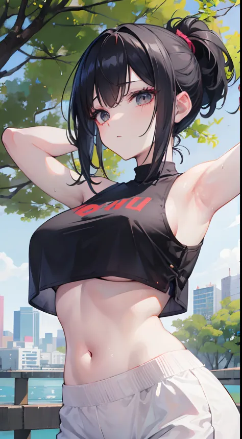 ((masutepiece:1.2, Best Quality)), 1girll, short detailed hair， Black hair, Upper body, view the viewer, Pants, a plant, Daytime, korean streetwear, Running, Exhausted, tired expression, full of sweat, Outside, By the river, Casual style, Cyberpunk style, ...