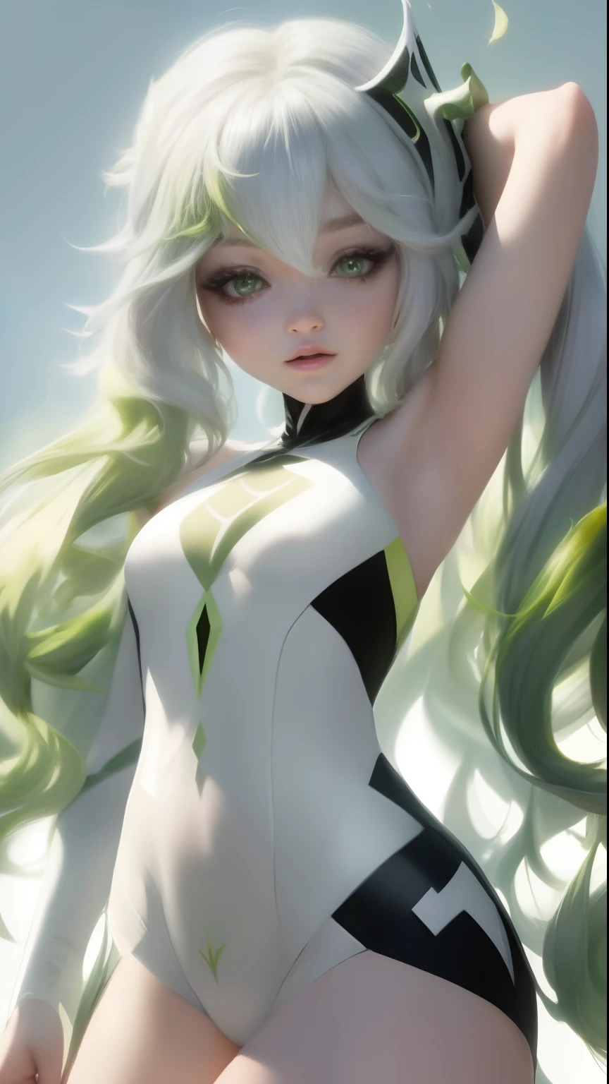 "((best quality,best ilumination)), Cute model with long white hair and athletic body, abdomen detalhado (((vestindo a SPIDER-GWEN))), seios acentuados e destacados, dynamic pose, fundo colorido, high saturation, luzes vibrantes." corpo inteiro (((Cabelo branco e verde))) ((detailed hands))