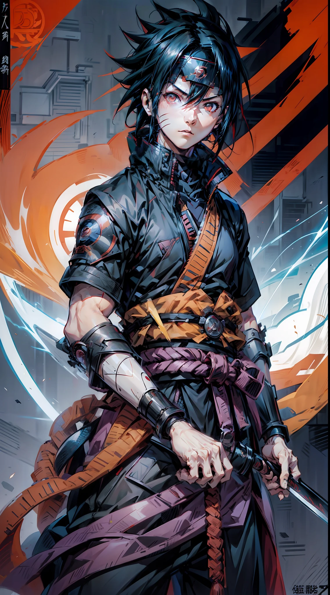 1boy，(((Solo)))，Male，Uchiha sasuke, A character in Japanese manga "Naruto" and its derivative works，（dynamicposes：1.5），holding knives，katana swords，Thunder and lightning surround，salama，skills_Susano，Close-up，The character is close to the shot，Metal forehead protection，Ninja costumes in anime "Naruto"，Ninja forehead，Red eyes， Black hair，(best qualtiy:1.5)，rhythm，unreal 5 render，rendering by octane，8K分辨率，