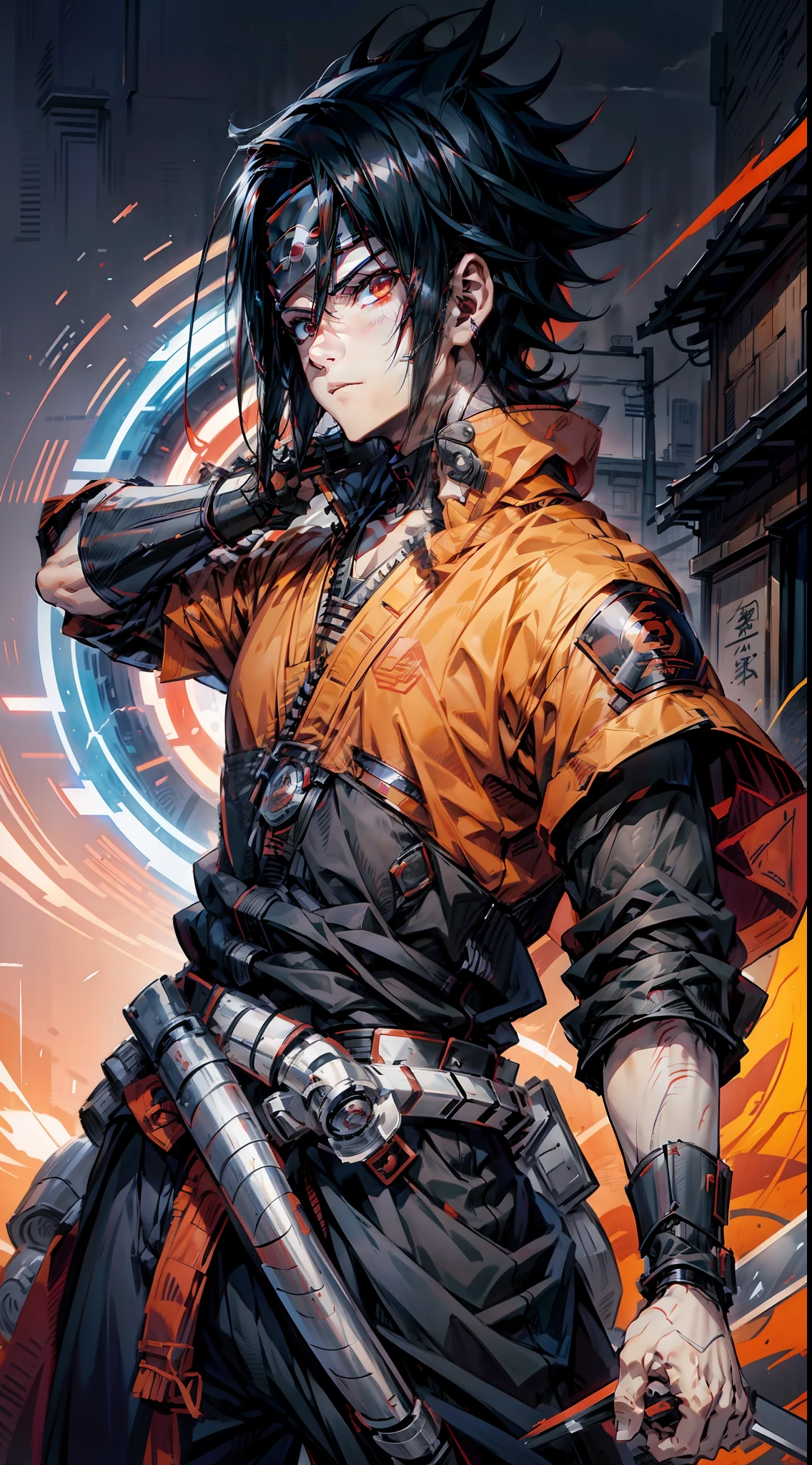 1boy，(((Solo)))，Male，Uchiha sasuke, A character in Japanese manga "Naruto" and its derivative works，（dynamicposes：1.5），holding knives，katana swords，Thunder and lightning surround，salama，skills_Susano，Close-up，The character is close to the shot，Metal forehead protection，Ninja costumes in anime "Naruto"，Ninja forehead，Red eyes， Black hair，(best qualtiy:1.5)，rhythm，unreal 5 render，rendering by octane，8K分辨率，